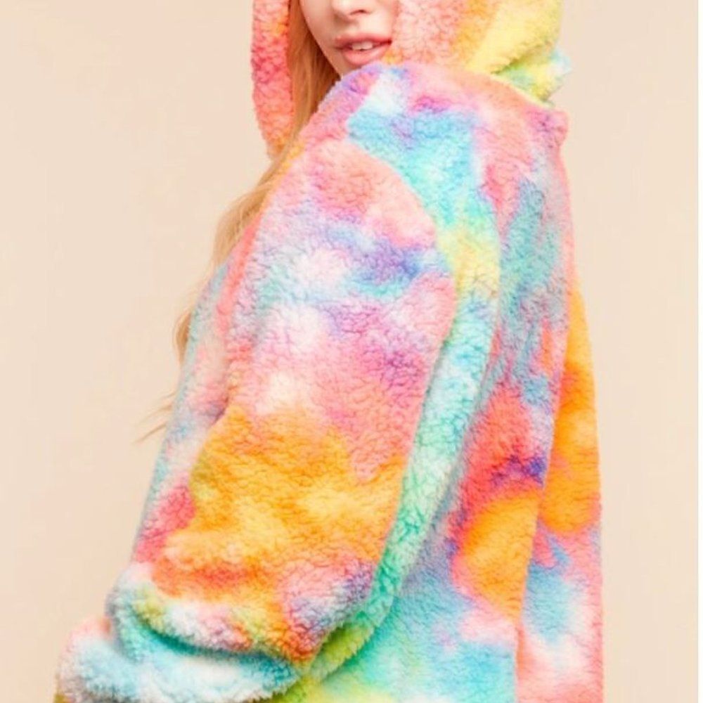 NEW! PLUS Size Multi Color Tie Dye Sherpa Hoodie - Picture 3 of 7